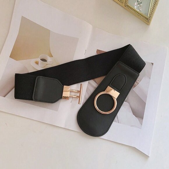 Black Elevated contemporary Women's Waist Gold Buckle Belt - Picture 3 of 6